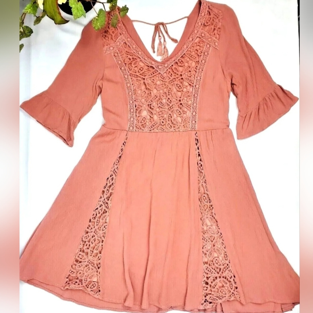 Maurices Dress Dusty Pink Lace Fit and Flare Layered Bell Sleeves